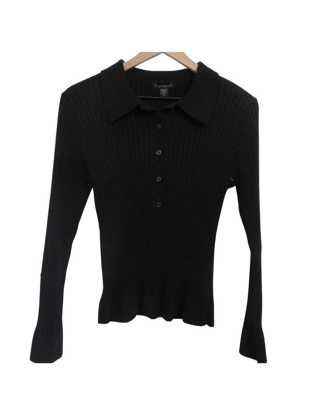 Athleta Womens Large Black Sweet Bay Henley Sweater Ribbed Button Front Collar